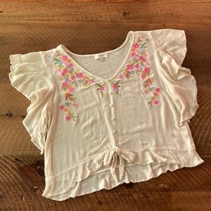 UMGEE Floral Embroidered Tie Front Blouse, size Large